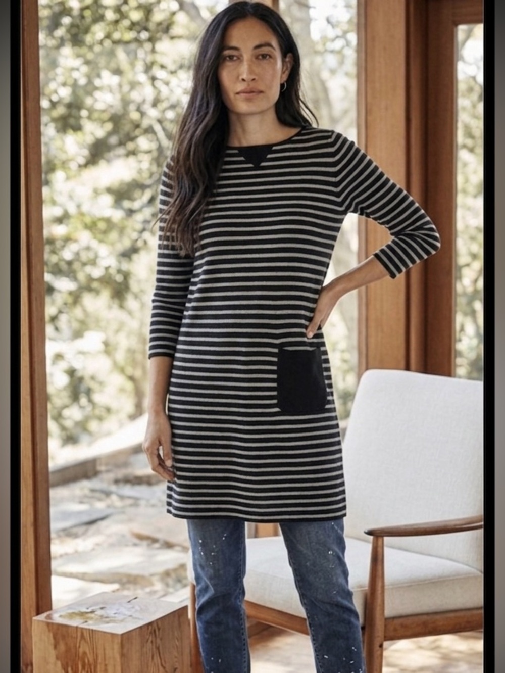 J. Jill size S Black and Gray cotton Striped Knit pocket dress